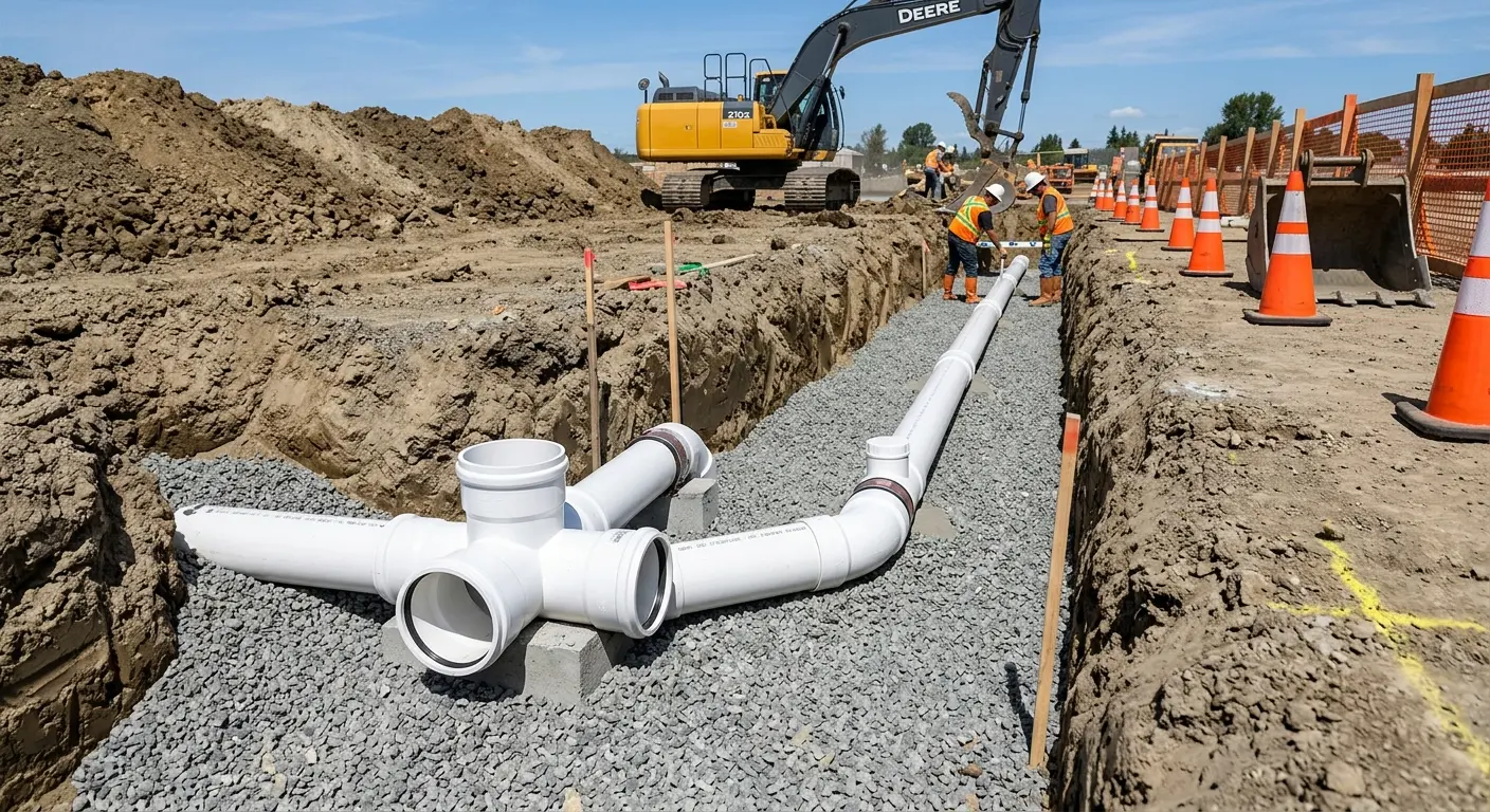New PVC sewer pipe installation in open trench for Sewer Backup in Makawao