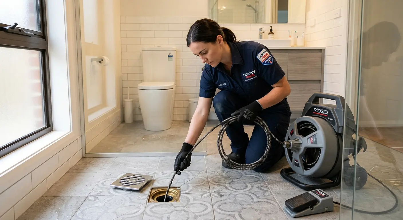 Technician clearing a bathroom floor drain for Drain Repair in Makawao